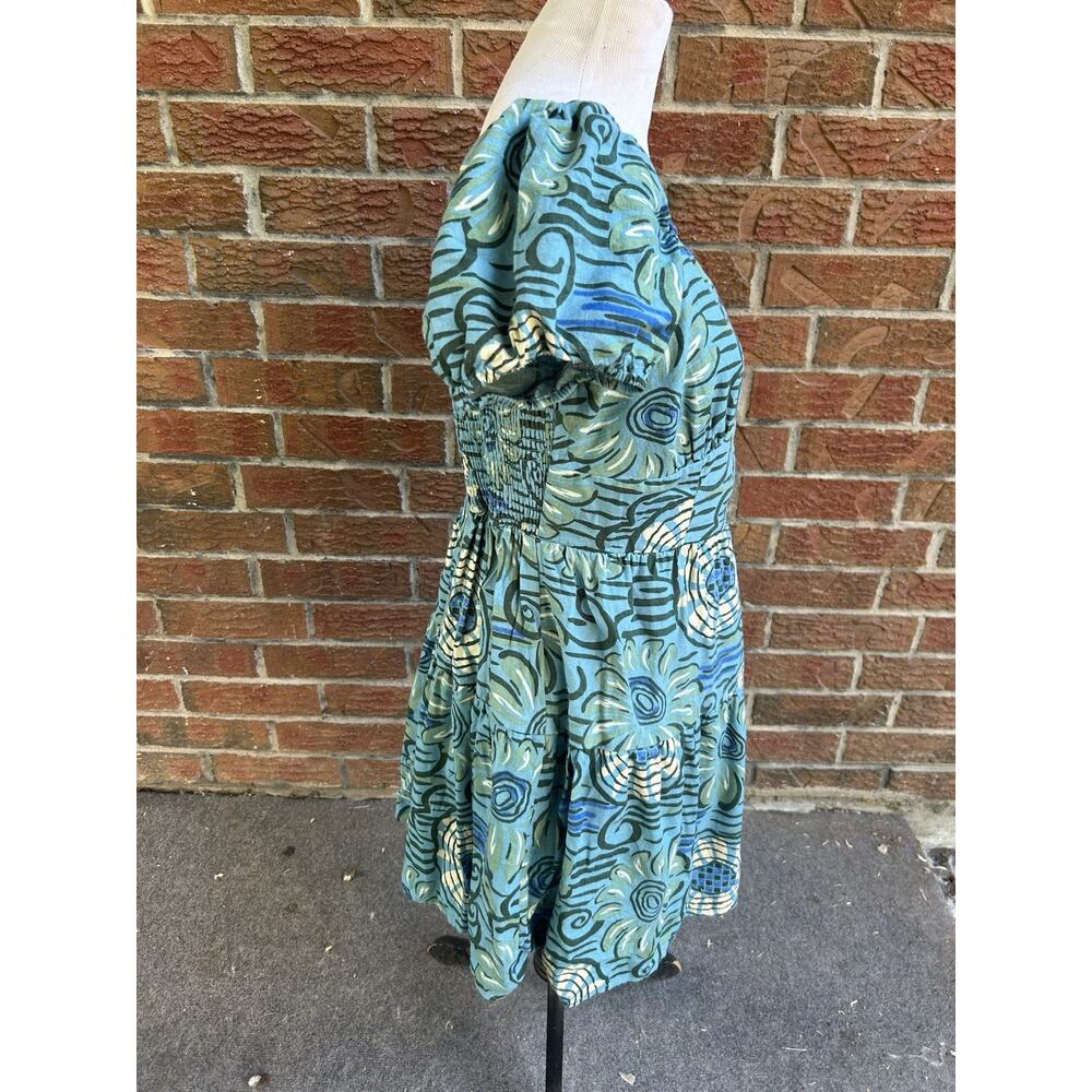 House of Harlow Linen Blend Blue Teal Floral Print Puff Sleeve Mini Dress Large - Picture 4 of 6